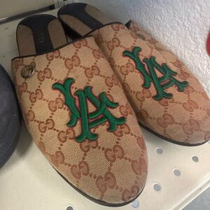 Gucci Tan and Brown Mules with Green Embroidery